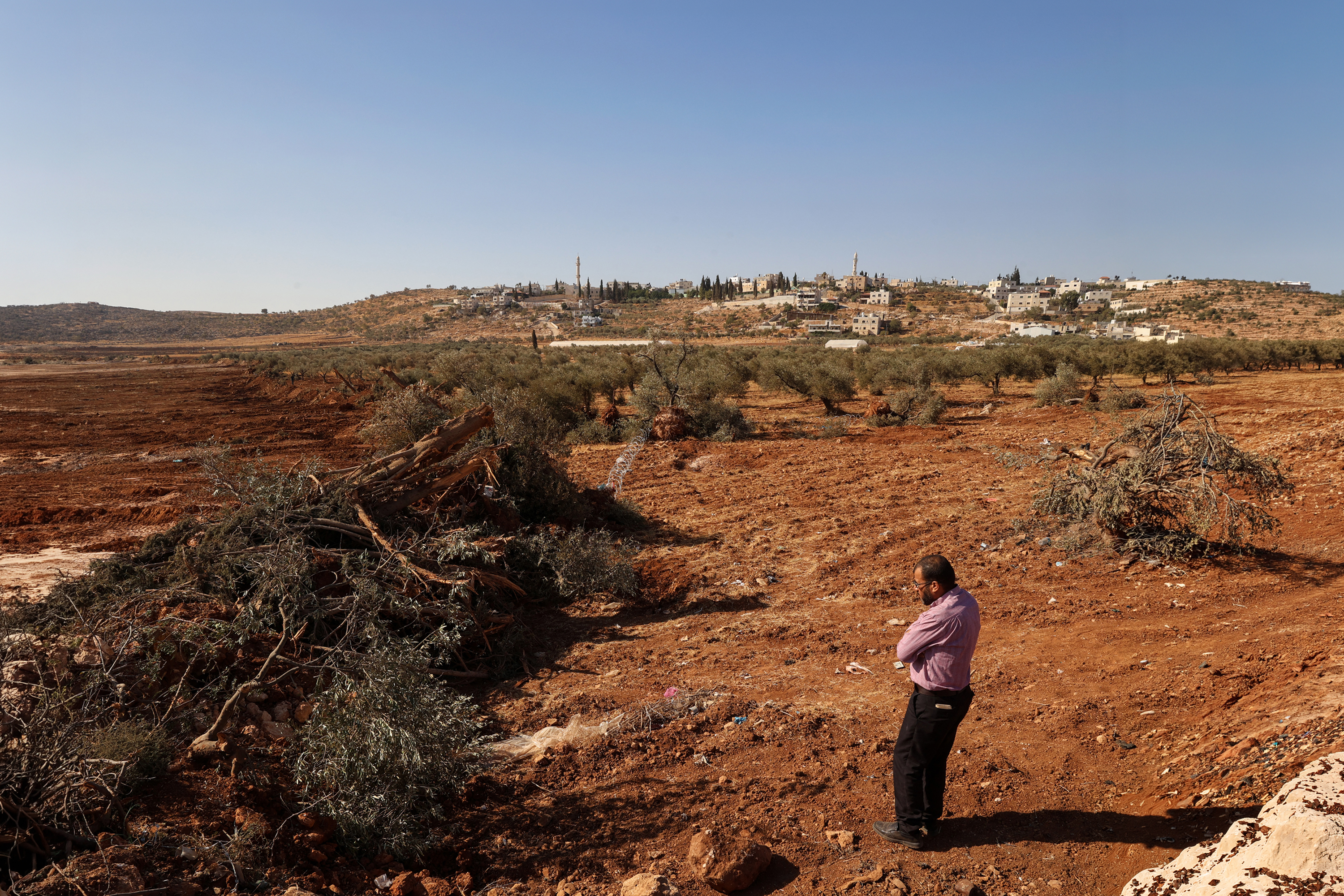 Ein Palästinenser betrachtet Olivenbäume, die israelische Soldat*innen im besetzten Westjordanland mit Bulldozern entwurzelt haben. Al-Mughayyir, 24. August 2025. © ZAIN JAAFAR/AFP via Getty Images