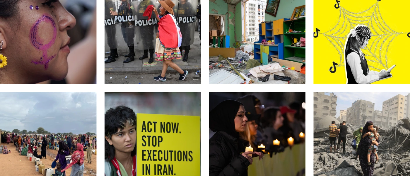 © AFP via Getty Images, Luisa Balaban, Getty Images, Anadolu Agency via Getty Images, Ernesto Benavides/AFP via Getty Images, Aphotografia/Getty Images, Hasan Mrad/DeFodi Images via Getty Images, NurPhoto via Getty Images / Collage: Amnesty International