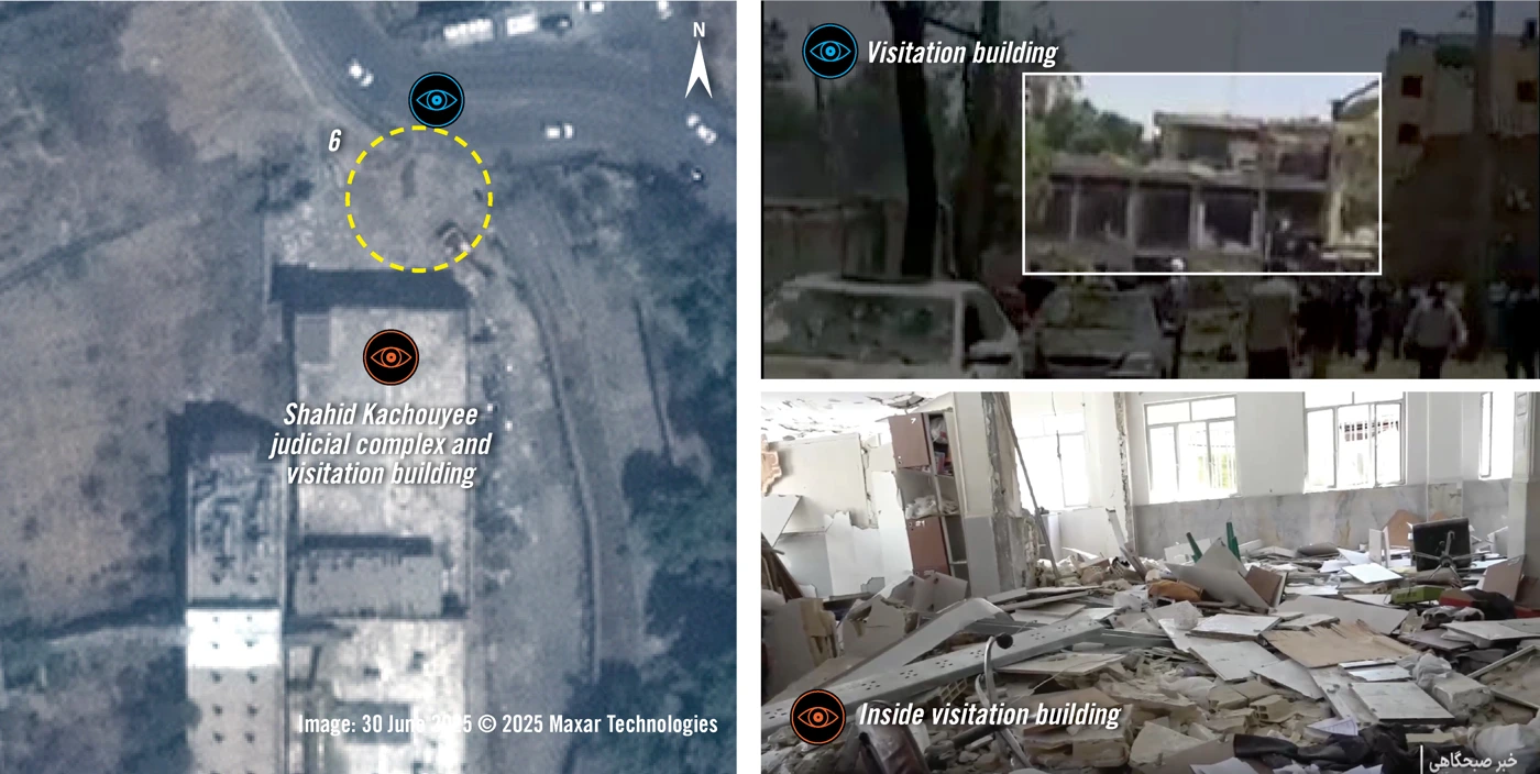 Satellitenbilder (links) vom 30. Juni 2025 zeigen eine Stelle (im gelben Kreis), an der wahrscheinlich Munition gelandet ist. Geolokalisierte Bilder und Videos (rechts) zeigen umfangreiche Schäden an der Außen- und Innenseite des Besuchsgebäudes mit zerbrochenen Fenstern und eingestürzten Teilen des Dachs und der Fassade. © Amnesty International
