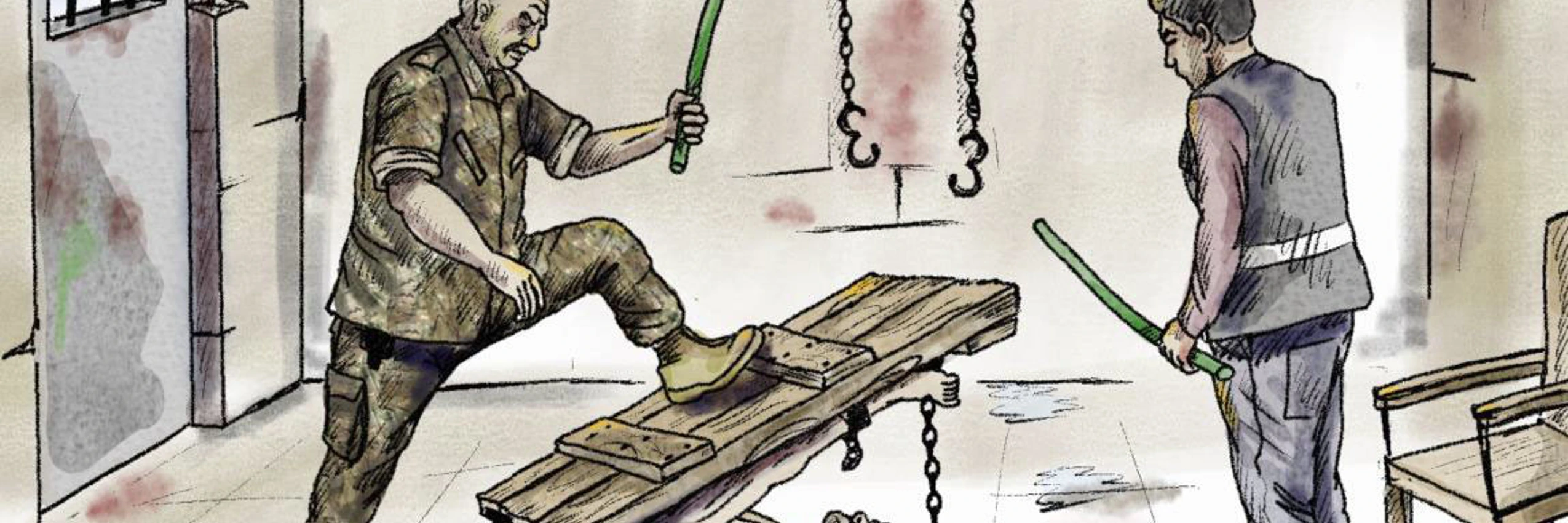 © Eine Zeuge berichtete Amnesty, wie er von libanesischen Sicherheitskräften an eine Holzkonstruktion gefesselt und gefoltert wurde. Amnesty International, Illustration: Jawad Morad