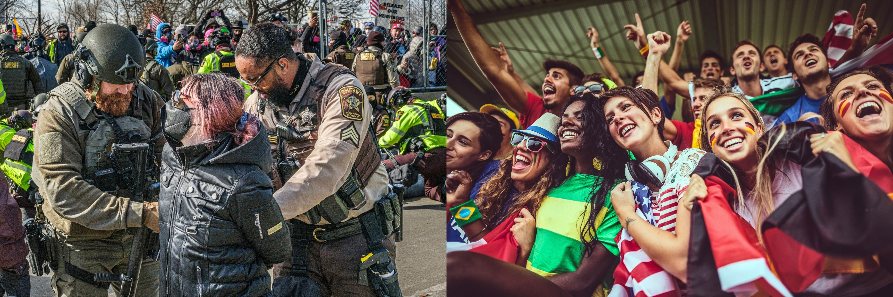 Angst / Freude – Links: Protestierende in Minneapolis, USA, werden Anfang März 2026 von den Behörden festgenommen. © Kerem Yucel / AFP via Getty Images / Getty Images