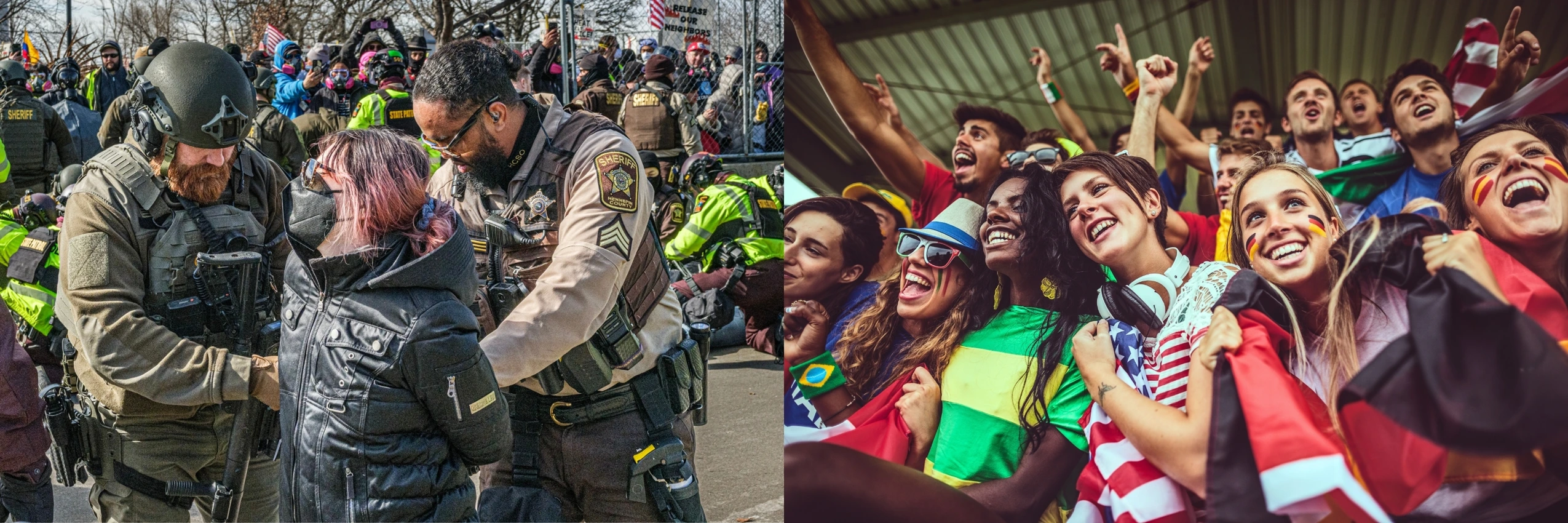 Angst / Freude – Links: Protestierende in Minneapolis, USA, werden Anfang März 2026 von den Behörden festgenommen. © Kerem Yucel / AFP via Getty Images / Getty Images