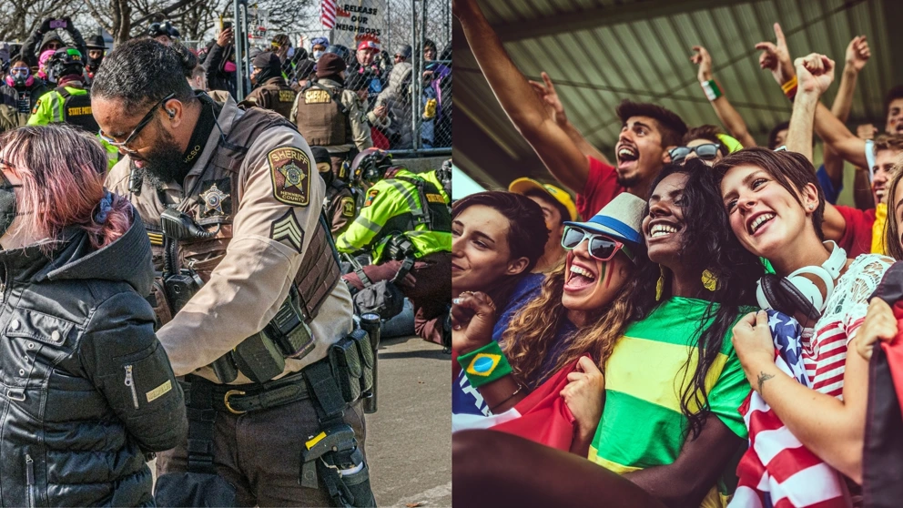 Angst / Freude – Links: Protestierende in Minneapolis, USA, werden Anfang März 2026 von den Behörden festgenommen. © Kerem Yucel / AFP via Getty Images / Getty Images