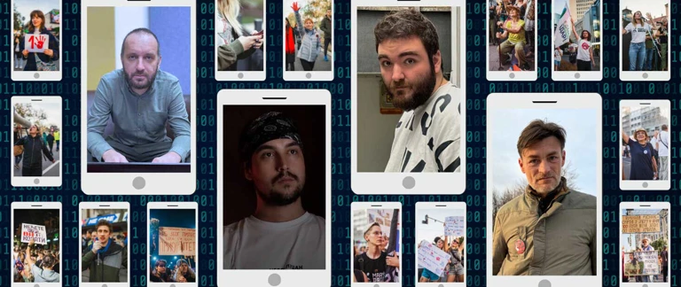 Aktivist*innen und Journalist*innen die in Serbien mittels Spyware ins Visier genommen wurden.  @ Amnesty International / Sviće / Dragan Gmizic