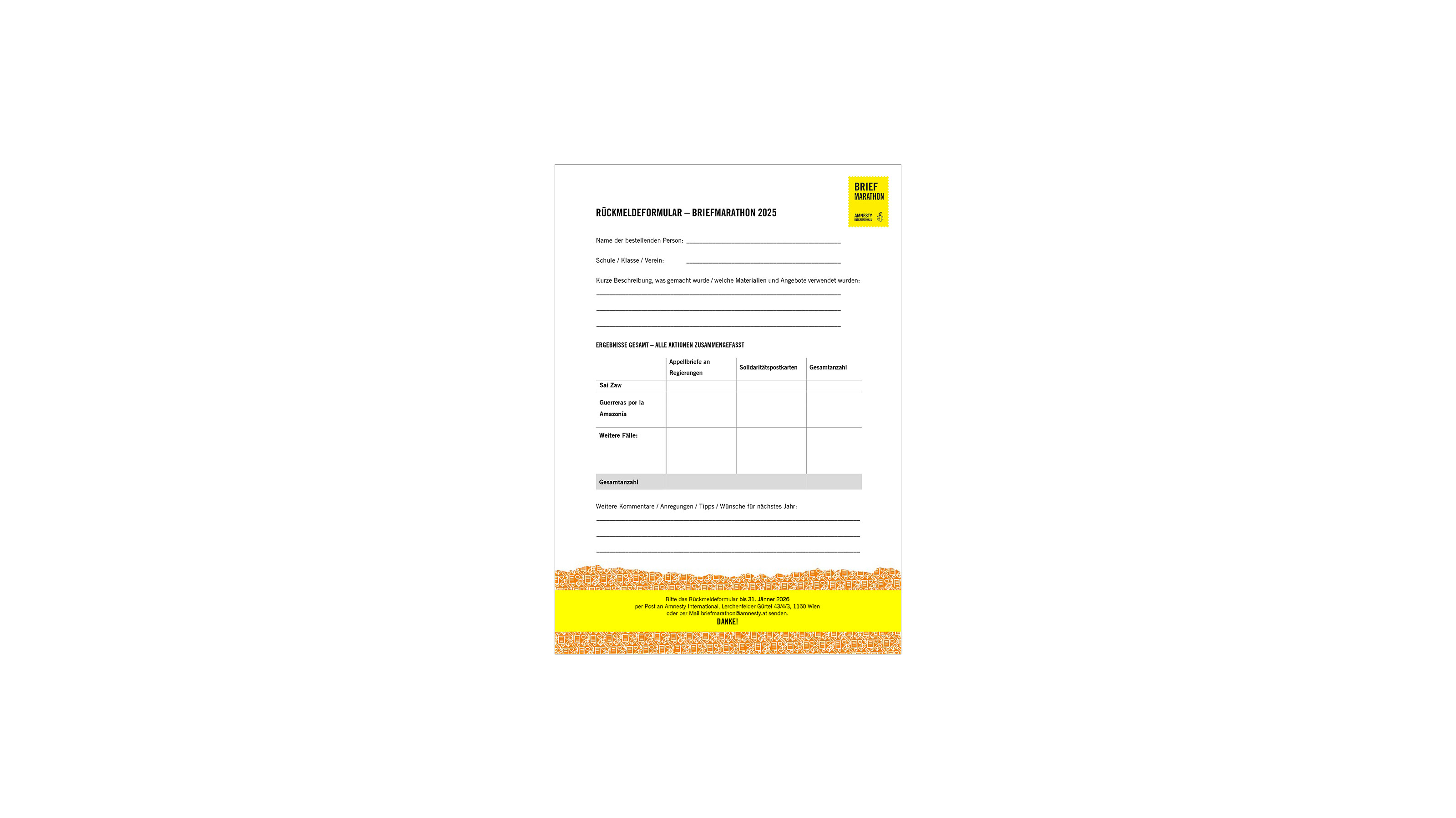 Amnesty International Briefmarathon 2025 Schulpaket Ruecksendeformular Header 2025 11 04