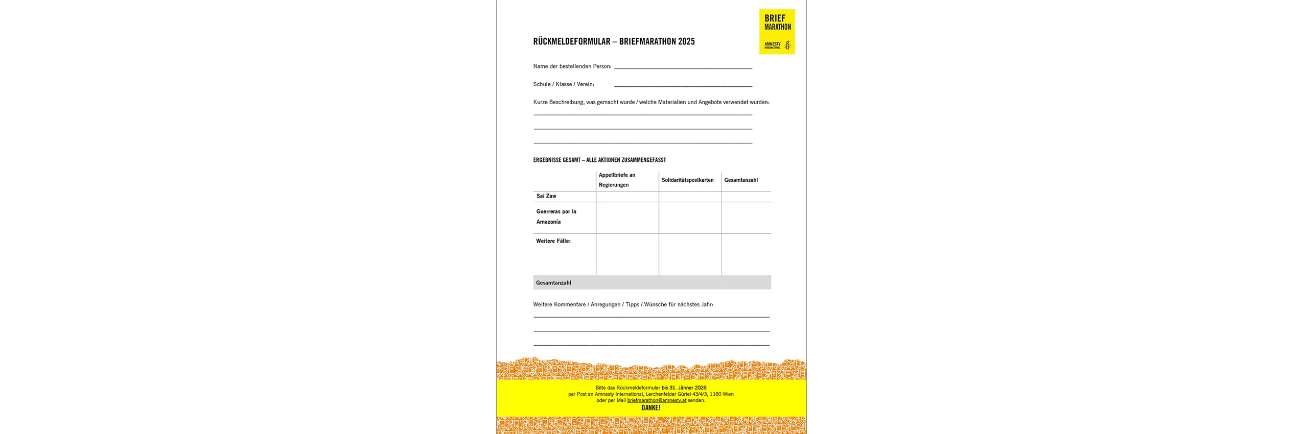 Amnesty International Briefmarathon 2025 Schulpaket Ruecksendeformular Header 2025 11 04