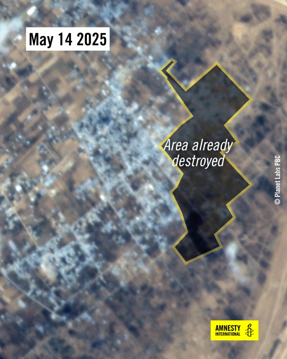 Satellitenbilder dokumentieren die Zerstörung der Stadt Khuzaa im Gazastreifen im Verlauf des Mai 2025. © Planet Labs PBC