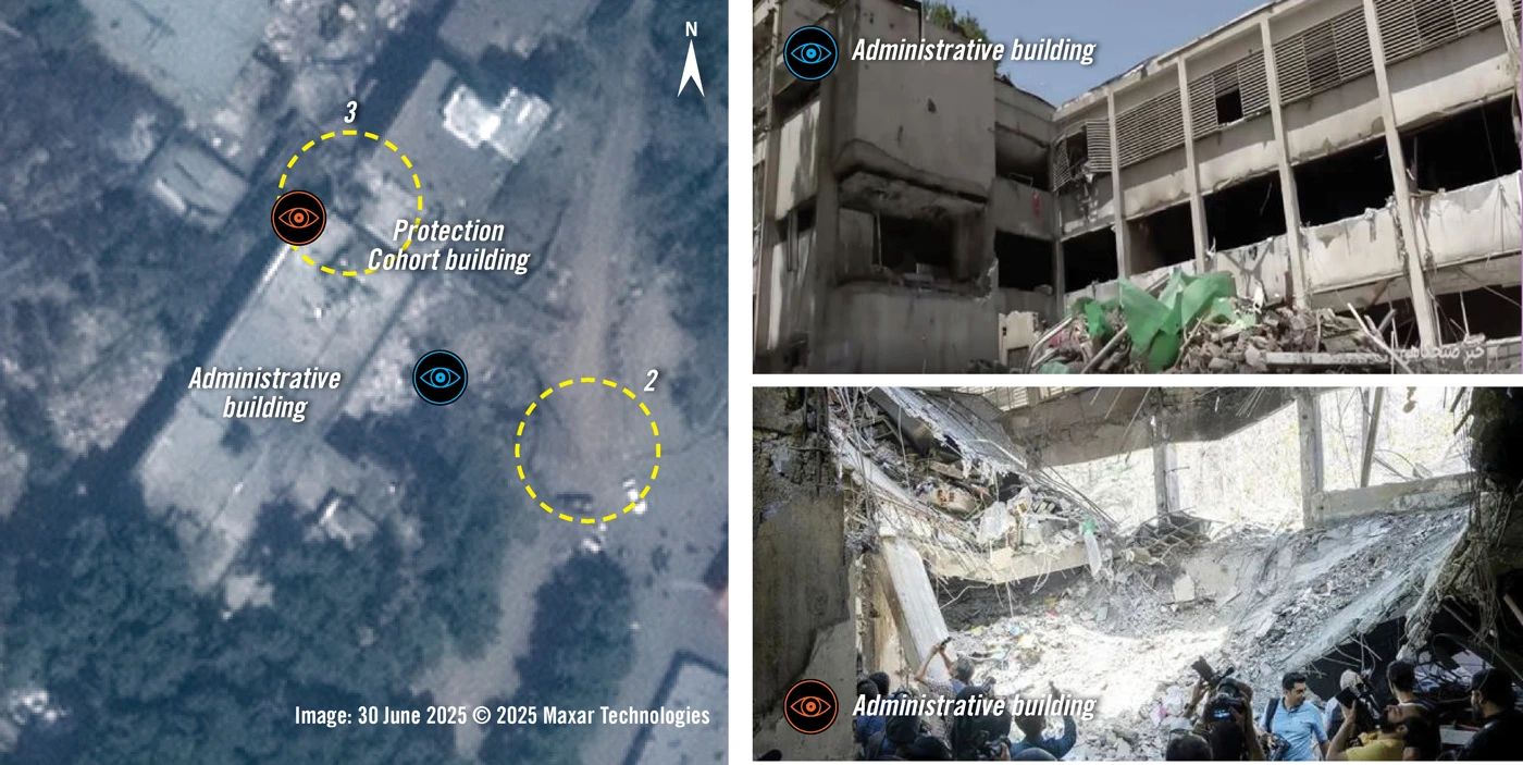 Satellitenbilder (links) vom 30. Juni 2025 zeigen zwei Stellen (mit gelben Kreisen dargestellt), an denen wahrscheinlich Munition gelandet ist. Bilder vom Boden (rechts) zeigen umfangreiche Schäden am Verwaltungsgebäude. Die Analyse einer verifizierten Videoaufnahme zeigt auch, dass die Quarantänestation, in der neu aufgenommene Gefangene untergebracht sind und die sich in der Nähe des Verwaltungsgebäudes befindet, ebenfalls Schäden erlitten hat. © Amnesty International