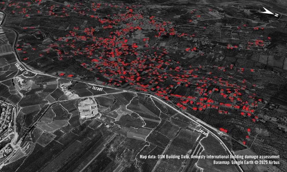 Satellitenbilder mit den stark beschädigten bzw. zerstörten Gebäuden in rot. © IDF Via Youtube & Google Earth