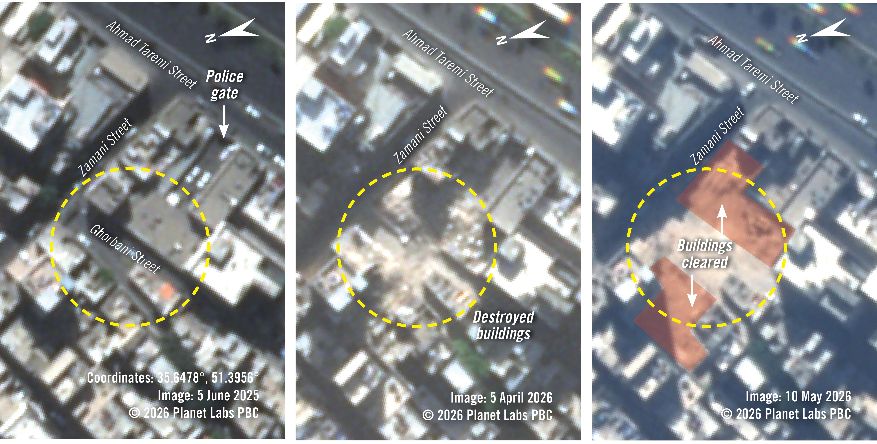 Planet Labs PBC © Satellitenbilder zeigen die Polizeistation, Zerstörung gelb markiert - sowie rot markierte Räumflächen, die auf zusätzliche Schäden hindeuten, aufgenommen am 5. Juni 2025, 5. April und 10. Mai 2026.
