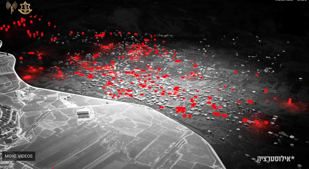 Eine vom israelischen Militär veröffentlichte Infografik der mutmaßlichen „terroristischen Infrastruktur“ in Kfar Kila © IDF Via Youtube & Google Earth