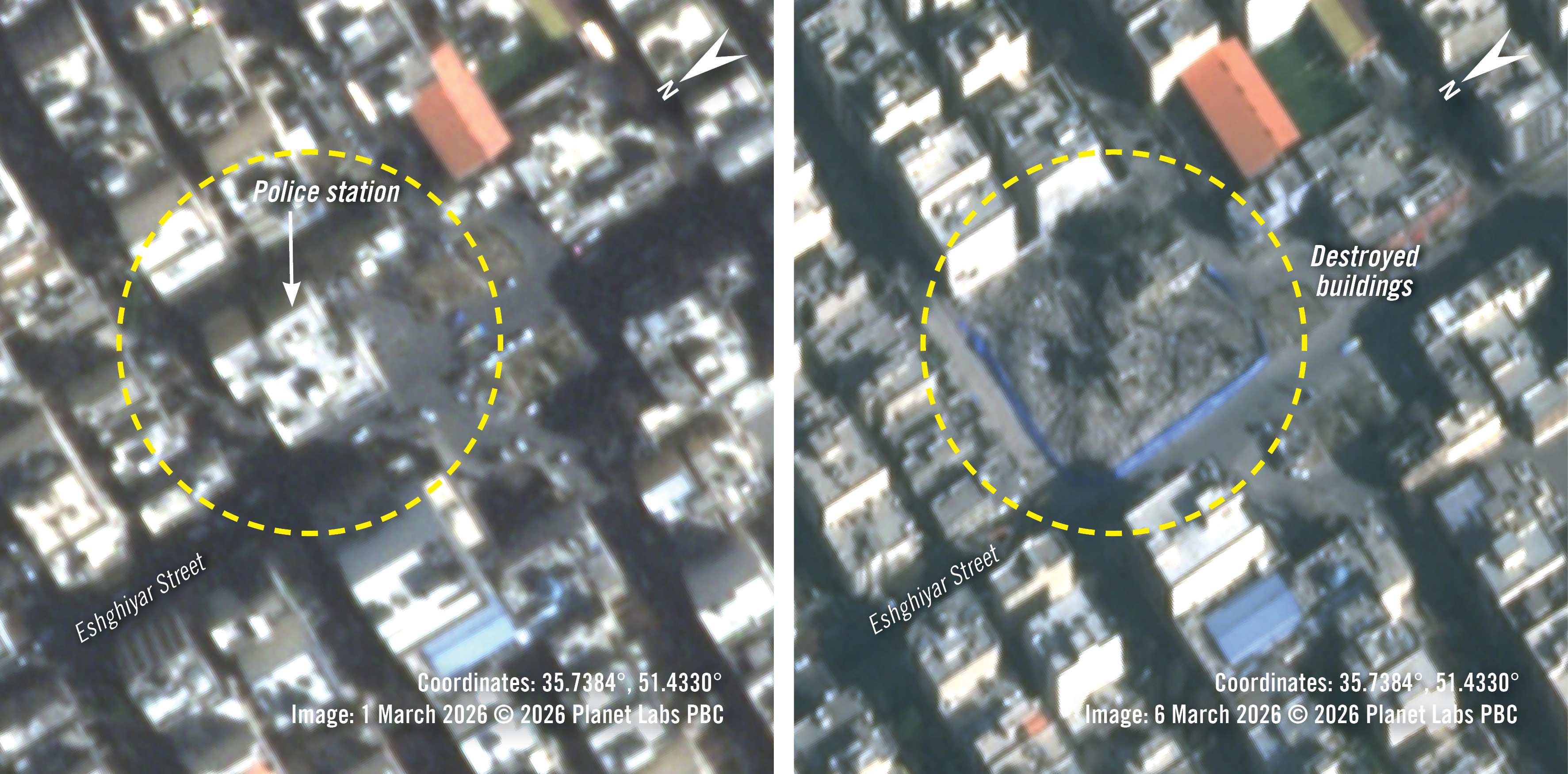 Planet Labs PBC © Satellitenaufnahmen zeigen das Polizeigebäude vor und nach seiner Zerstörung, wobei die gelbe Markierung auch Schäden an umliegenden Gebäuden zeigt, aufgenommen am 1. und 6. März 2026.