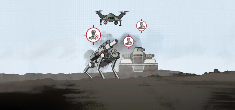 Illustration autonomer Waffensysteme an Land und in der Luft @  Amnesty International